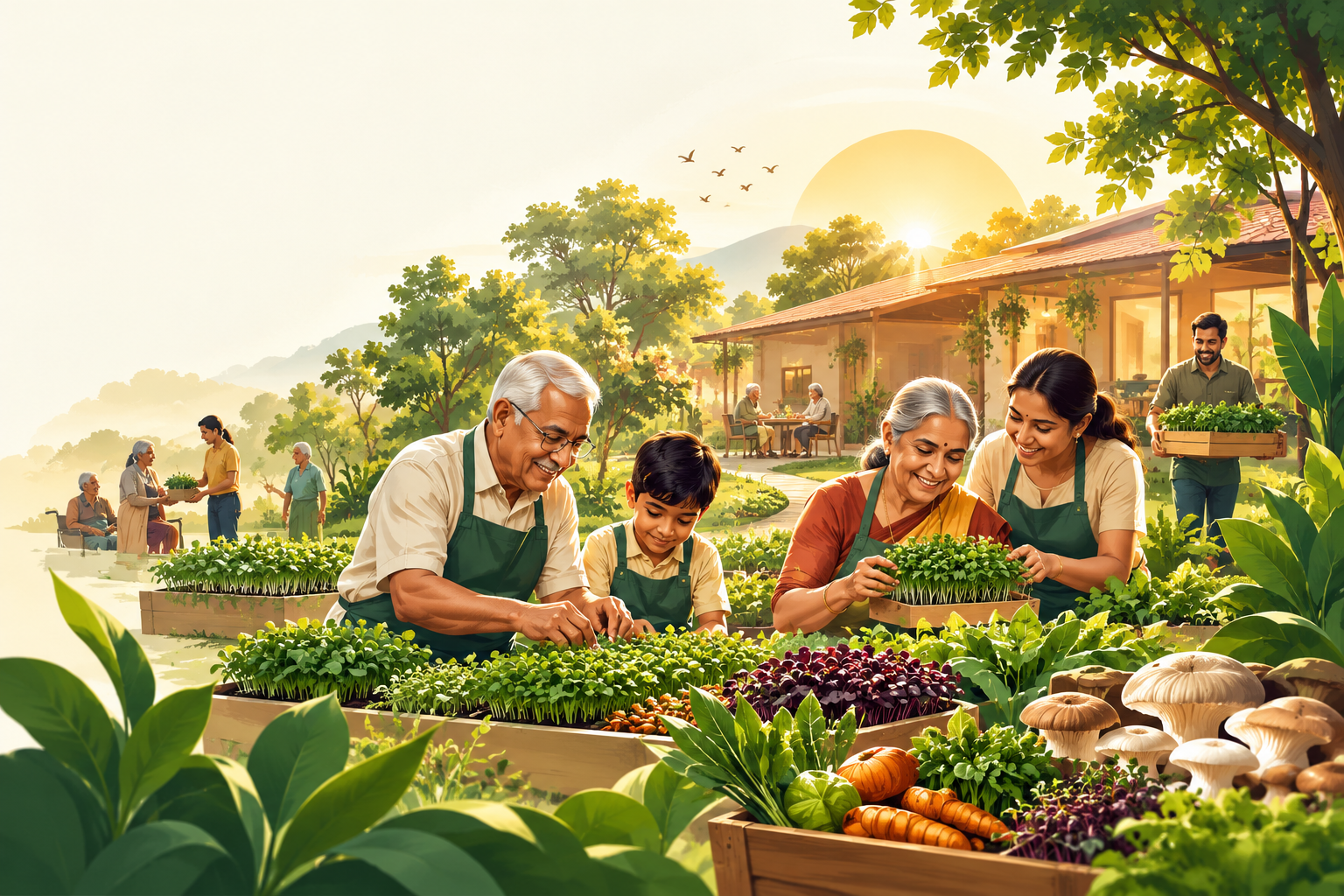 People of different generations growing food together in a community garden.