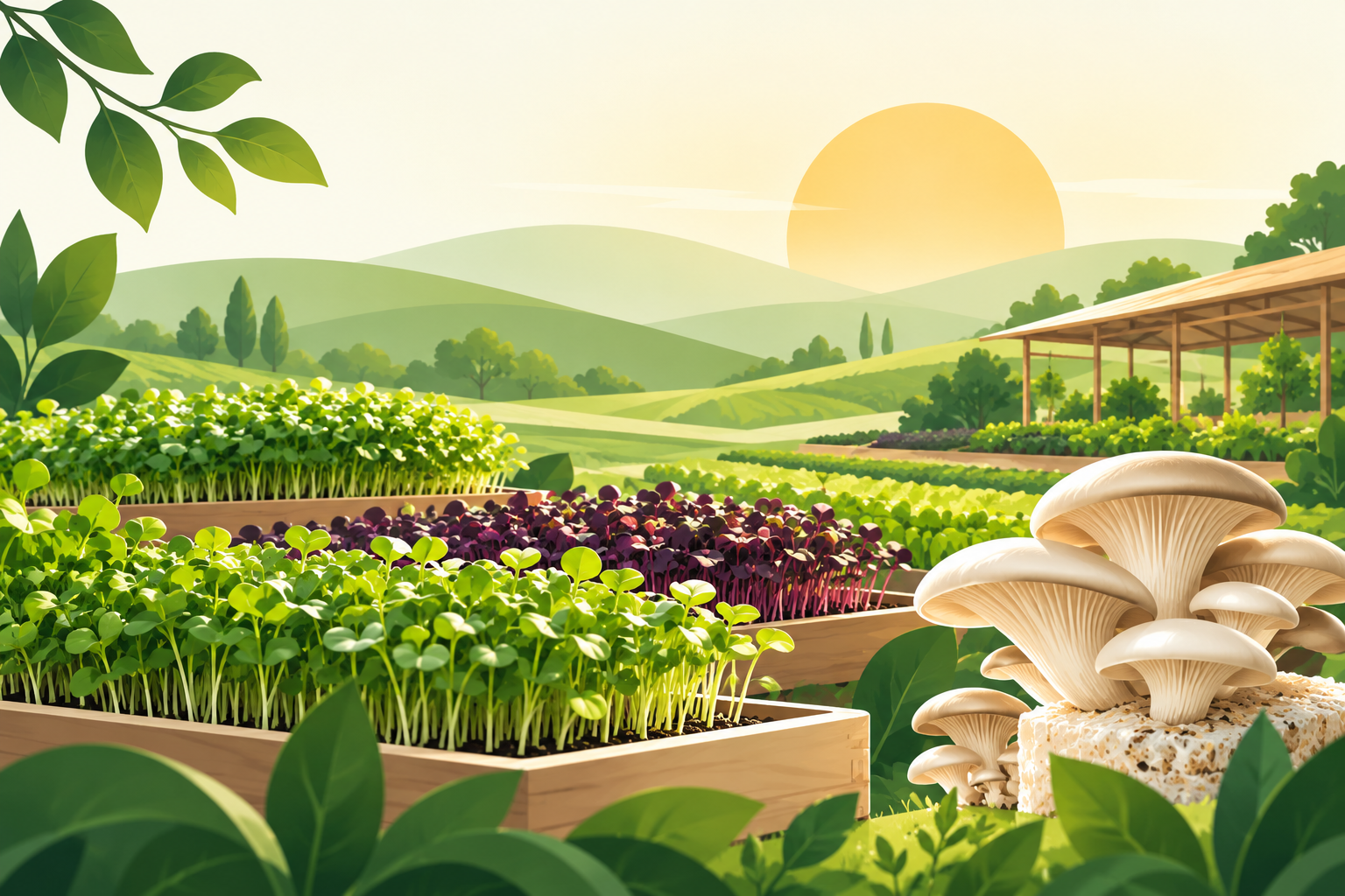 Fresh microgreens and mushrooms growing in a responsible small-scale farm